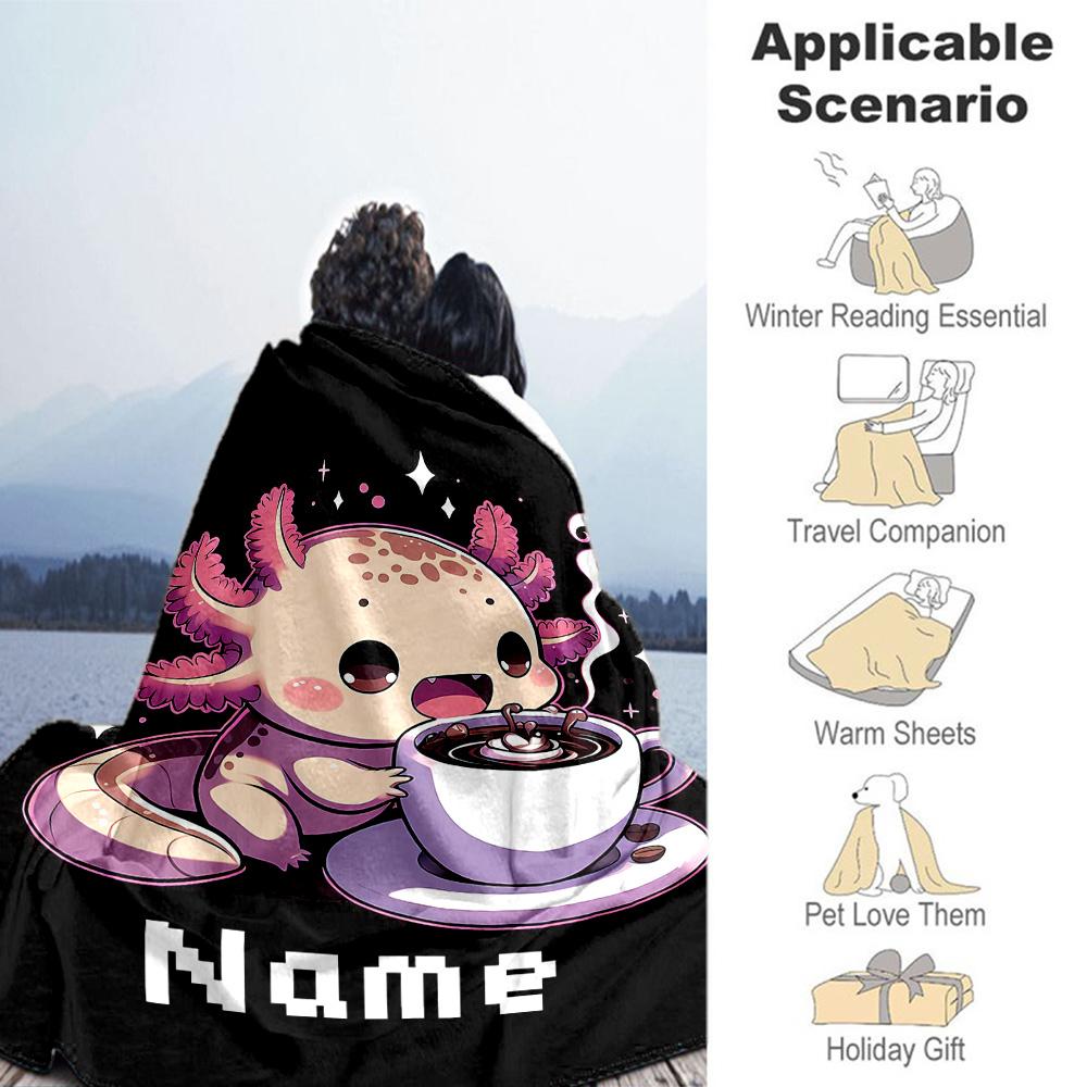 Kawaii Axolotl Coffee Personalized Text Blanket Multi-purpose Customizable Blanket Soft Warm Cozy Versatile for Bed Bedding Office Home Decor