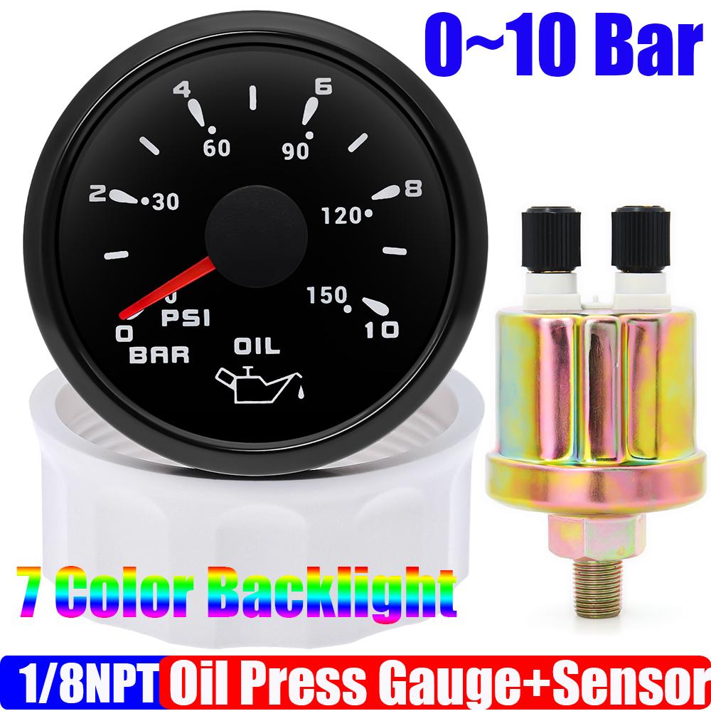 Auto Car 52mm Oil Pressure Gauge+Sensor 7 Color Backlight 0~5Bar 0-10Bar Oil Press Meter with Sensor Marine Boat 12V24V