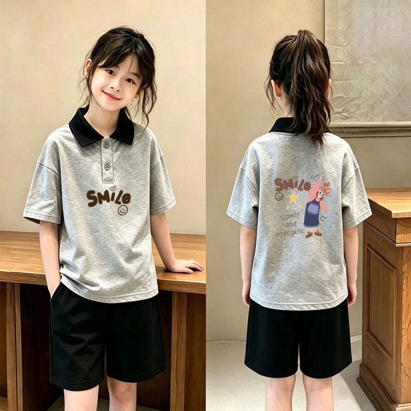 Korean Style Girls' Patchwork Lapel Polo Two-Piece Set: Casual Summer Short-Sleeve Shirt for Medium and Large Children.