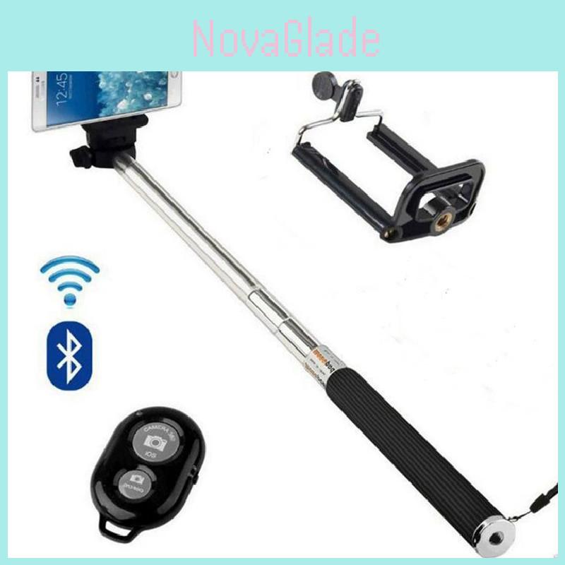 Stainless Steel Section Telescoping Selfie Stick With Bluetooth Remote For Travel Photography