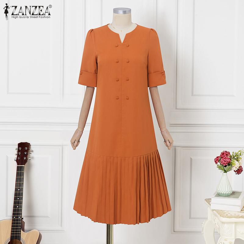 ZANZEA Women Casual Round Neck Solid Color Half Sleeve Dress