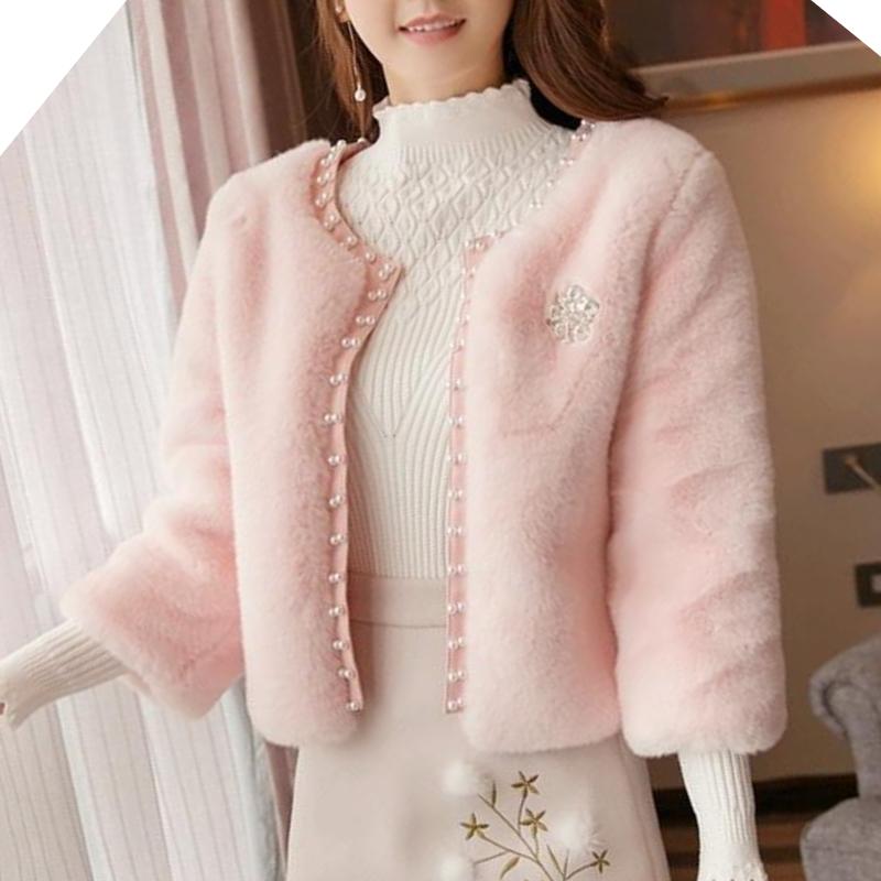 Winter Autumn Faux Fur Coat with Beaded Embroidery Slim Fit O- Neck Korean Style Fashion