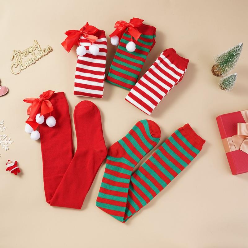 Calcetines navideños de algodón verde y rojo a rayas por encima de la rodilla con lazo, largos, 70 cm