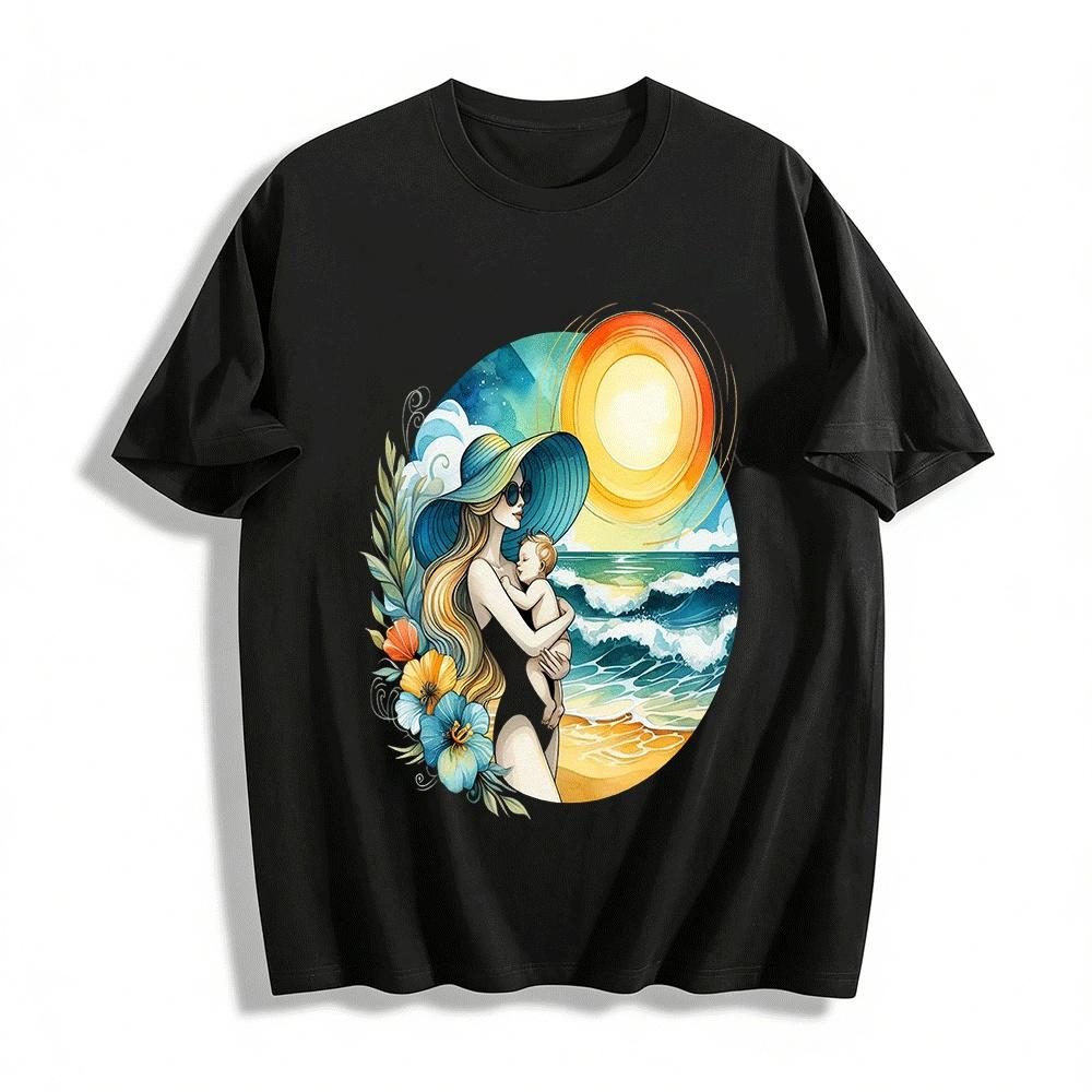 Warm Mother And Baby Seaside Print Casual Top Pure cotton T-shirt XXS