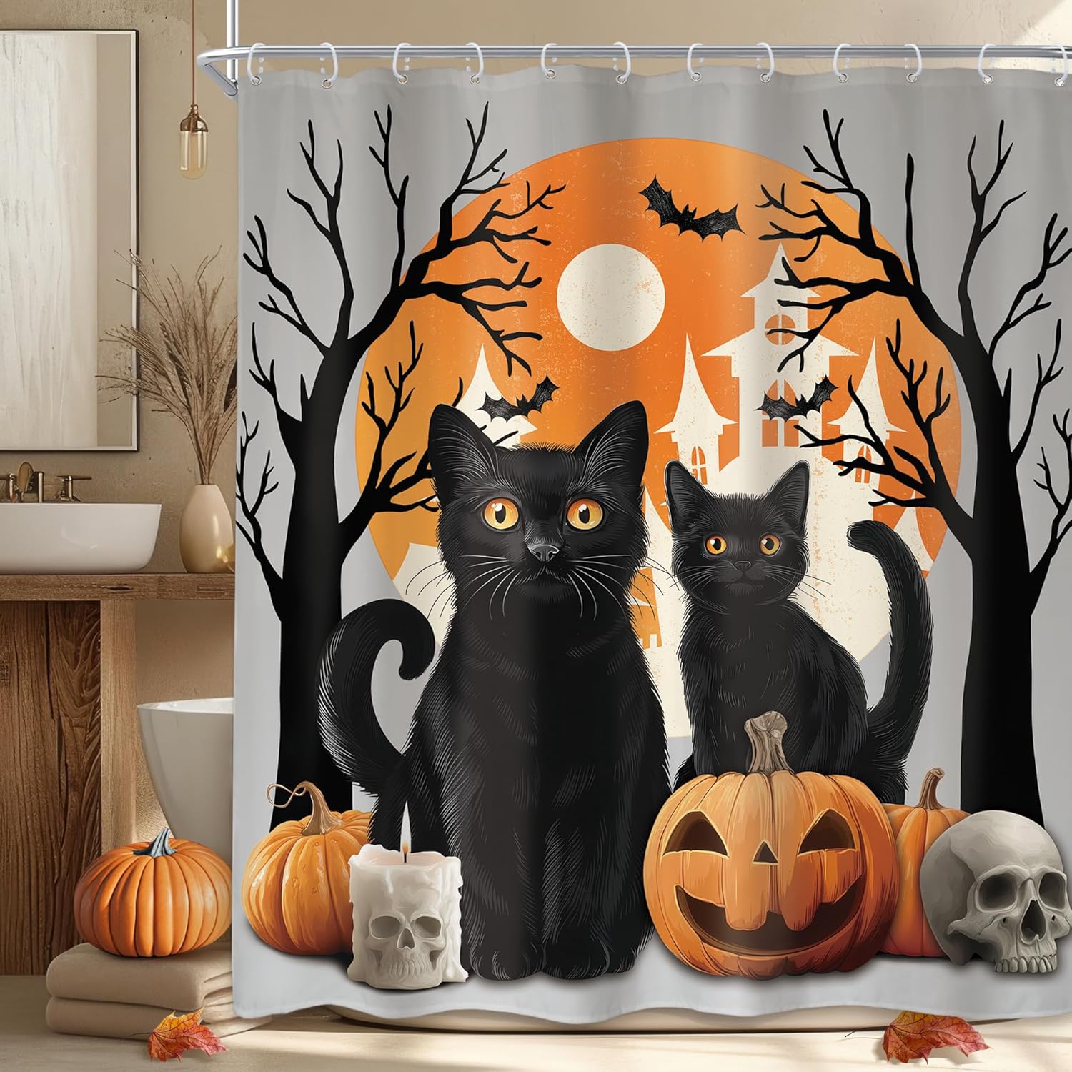 

Halloween Shower Curtain Kids Retro Funny Ghost Cartoon Cute 70S Y2K Autumn Pumpkins Flower Shower Curtain Bathroom Set W60H190(CM)-1 Pcs