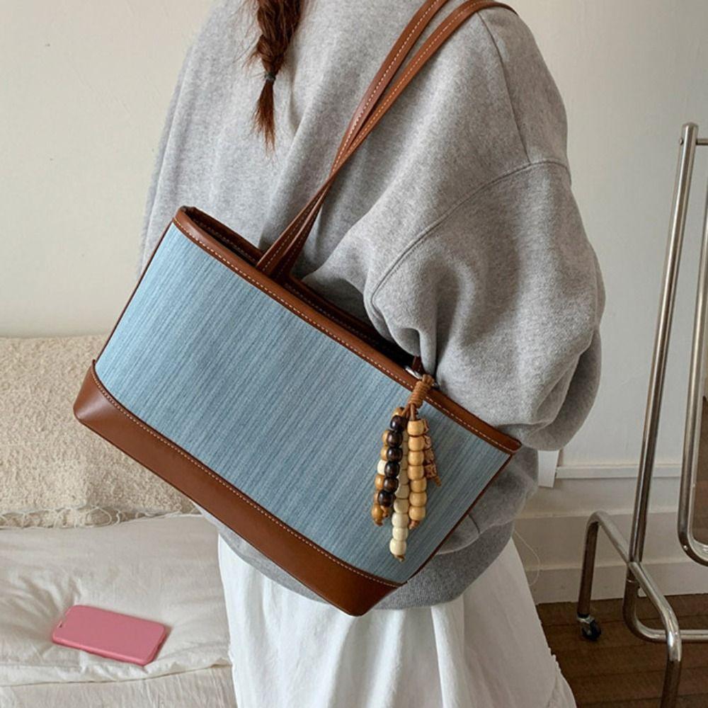 Handbag Denim Splicing Tote Bag Large Capacity Ins Square Tote Bag Simple Shoulder Bag  Travel