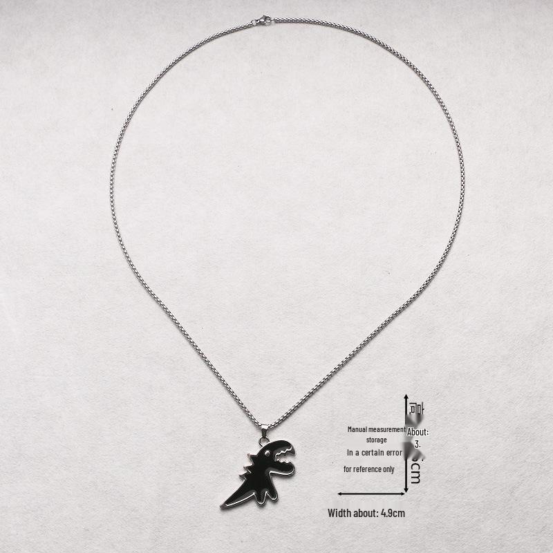 Black & White Dinosaur Pendant Oil Drip Necklace - Fade-resistant Cute Animal Sweater Chain for Couples (Unisex, Fall/Winter).