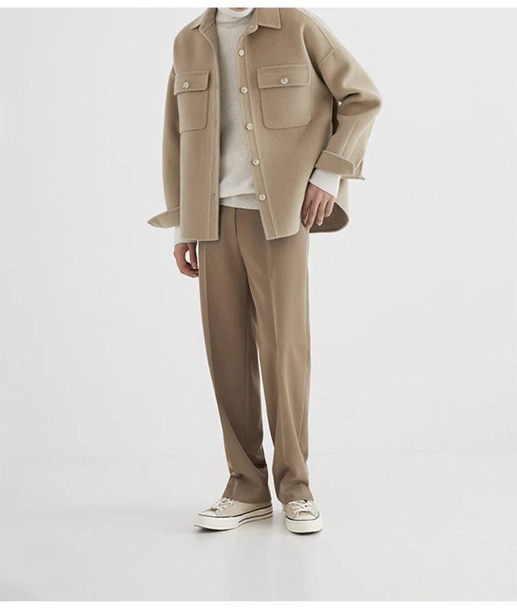 Men's Khaki Korean-Style Wool Coat: Autumn/Winter Loose Fit, Double-Sided Pocket Jacket