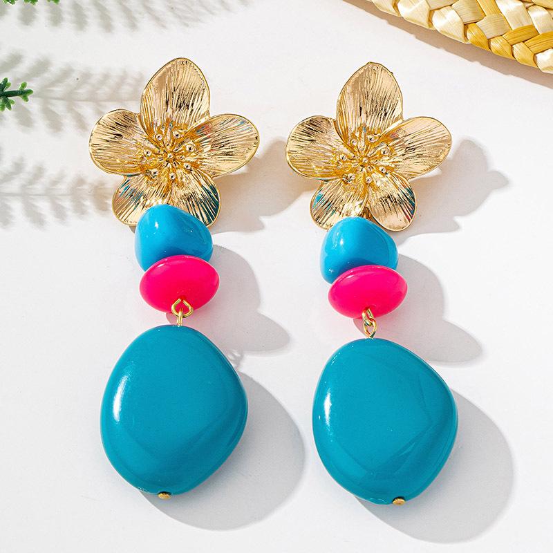 Metal Flower and Blue Stone Drop Earrings for Women Simple Fashion Ear Jewelry Accessories Hot Sale Party Gift 2025 New Style