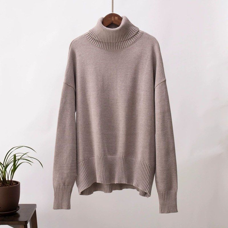 Women's Plus Size Turtleneck Sweater Autumn Winter Loose Solid Color Pullover Knit TopThick Stretch Knitwear