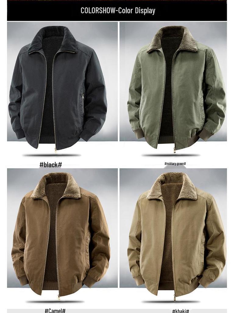 Men's Winter Plus Velvet Warm Cotton Workwear Jacket with Lapel for Cold Protection