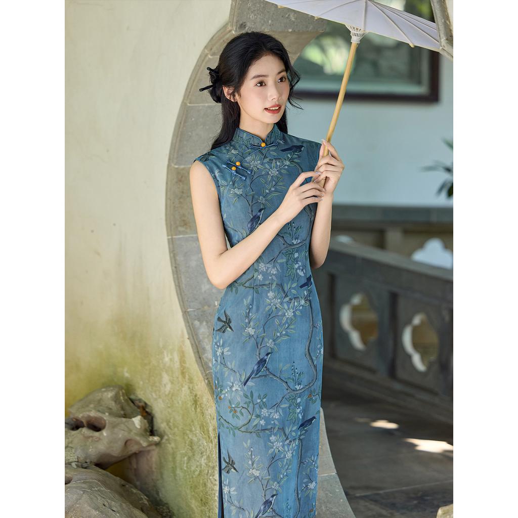 New Chinese style retro summer daily slim temperament cheongsam blue young
