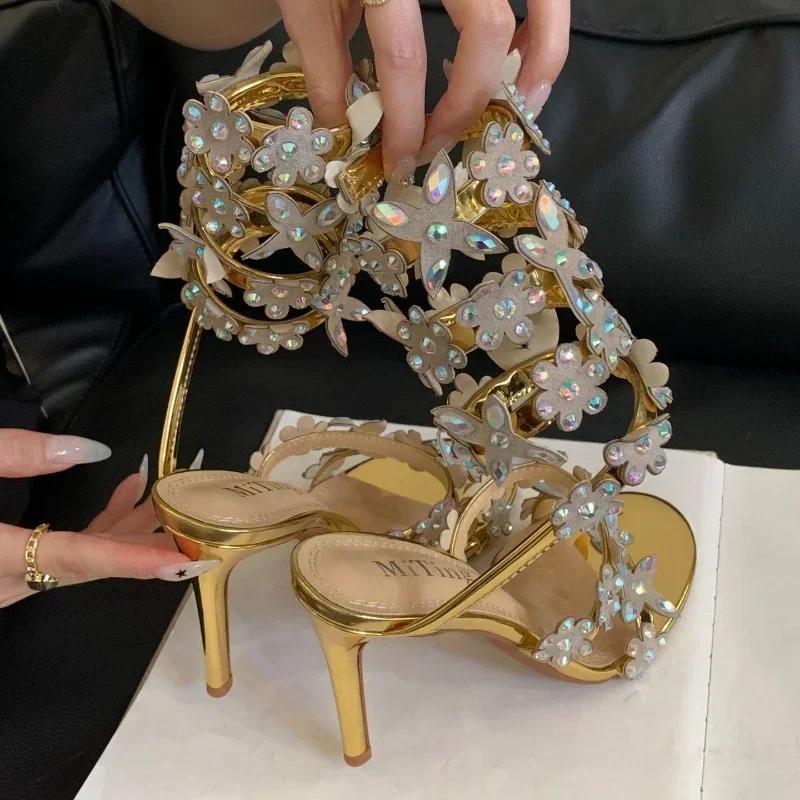 Luxury Shiny Rhinestone Designer Thin High Heels Women Sexy Ankle Strap Heeled Sandals for Women Crystal Flower Banquet Pumps