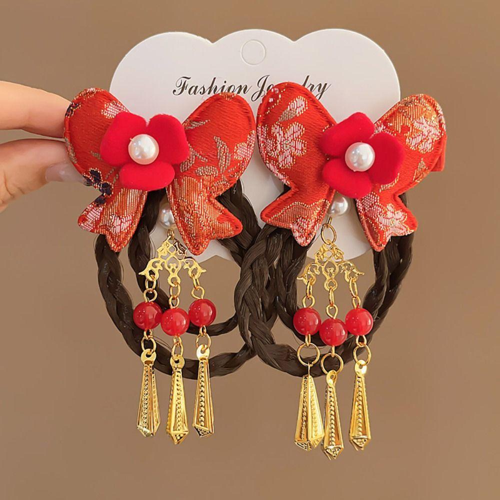 Tassels Chinese New Year Headwear Red Ancient Style Hairpin Cute Children Bow Wig Hairpin Children