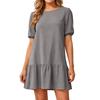 Women Short Sleeve Round Neck Cotton Linen Dress Loose Fit Pleated Hem Casual Midi Dress with Puff Sleeves for Daily Wear