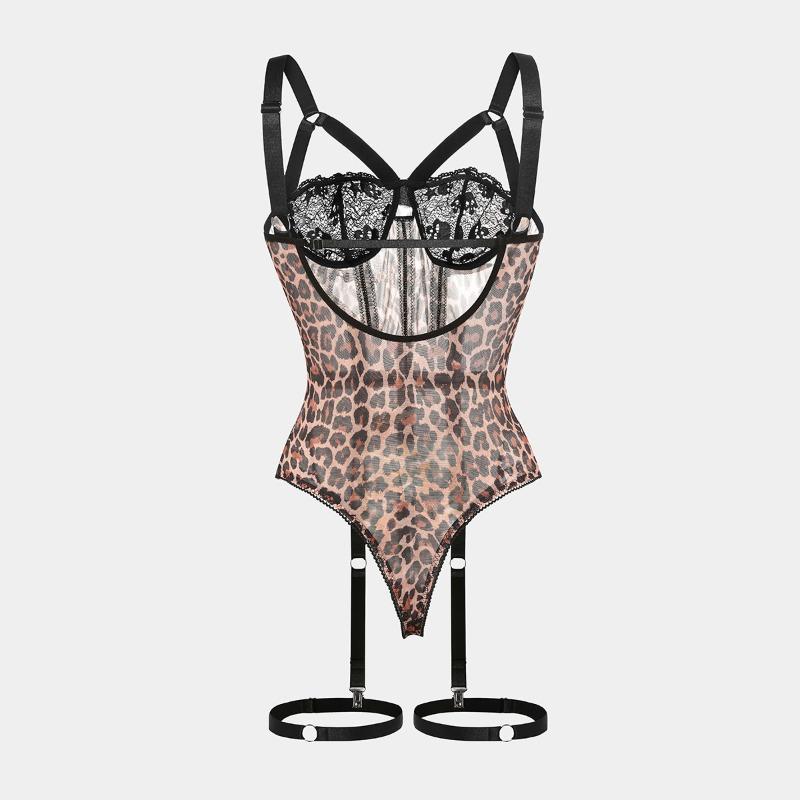 Leopard Print Lace Mesh Strap-on Sex Fun One-piece Tight Slim Underwear