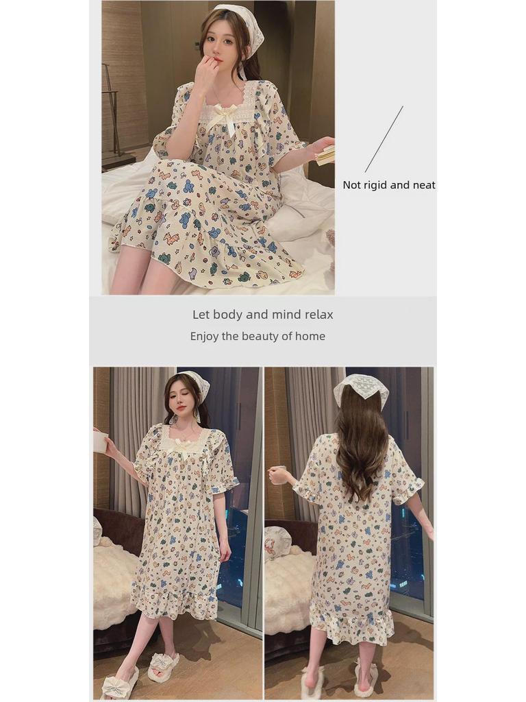 Women's Summer Plaid Nightdress, Loose Fit, Plus Size, Short-Sleeved, Korean Style Pajamas