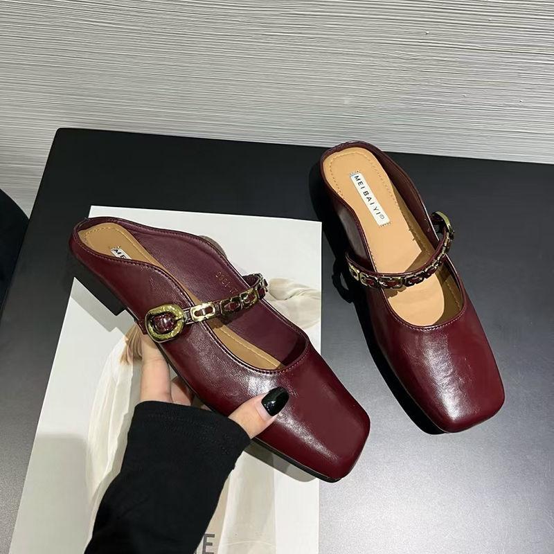 

Korean version of versatile Mary Jane with a bag head and half slippers for women to wear outside a pedal chain flat-soled Muller shoes 35