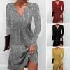 Women Sequin Dress V Neck Loose Long Sleeves Solid Color Evening Dress Spring Above Knee Length Autumn Party Dress