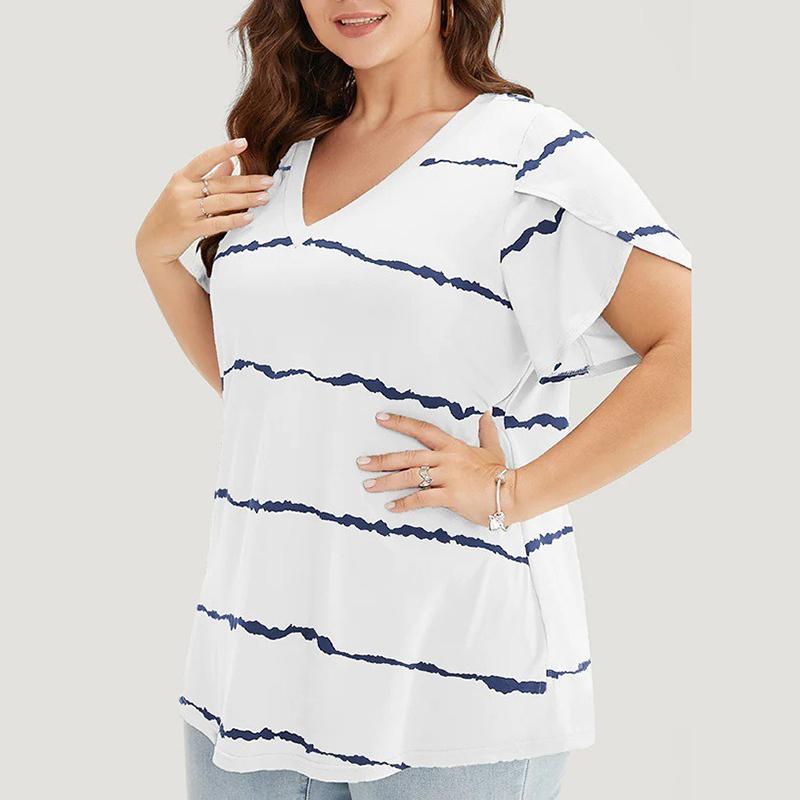 Dámské letní tričko s krátkým rukávem a V-výstřihem, pruhovaným potiskem, volné, s volánkovými krátkými rukávy, ležérní, prodyšné, pohodlné, na práci, dovolenou, plus size top(XL~5XL)