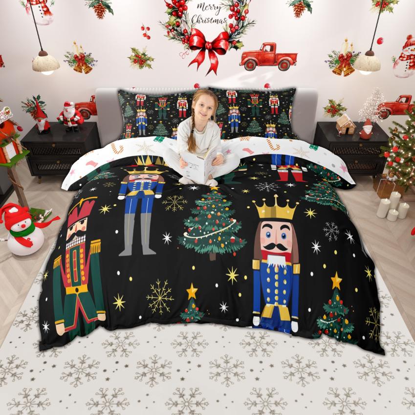 Homewish Frohes Neues Jahr Bettbezug-Set für Kinder 2-teilig/3-teilig, Fröhliche Weihnachten Xmas Bettwäsche, Nussknacker Weihnachtsmann Bettdeckenbezug