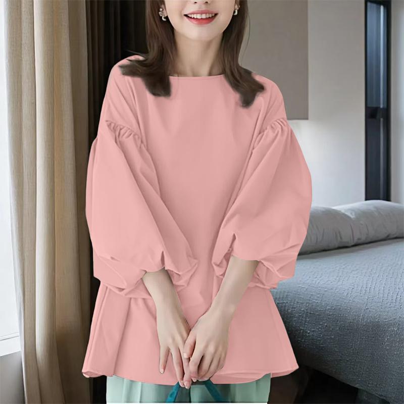 

ZANZEA Женская свободная повседневная блузка с круглым вырезом, однотонная, с рукавами 3/4 M розовый