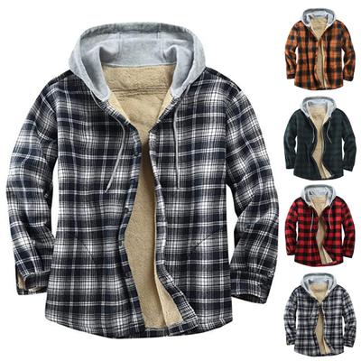 Winter Herrenjacke Kariert Geknöpft Kälteschutz Locker Plüschfutter Mit Kapuze Jacke Oberbekleidung