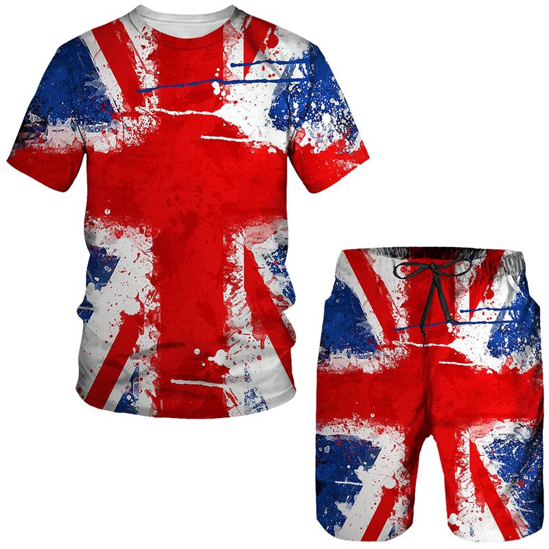 Summer Spain Flag 3D tisk Sada krátkých rukávů pro muže Mužské Barevné Funny Streetwear Dvoudílné tepláky Volné Hip Hop Streetwear