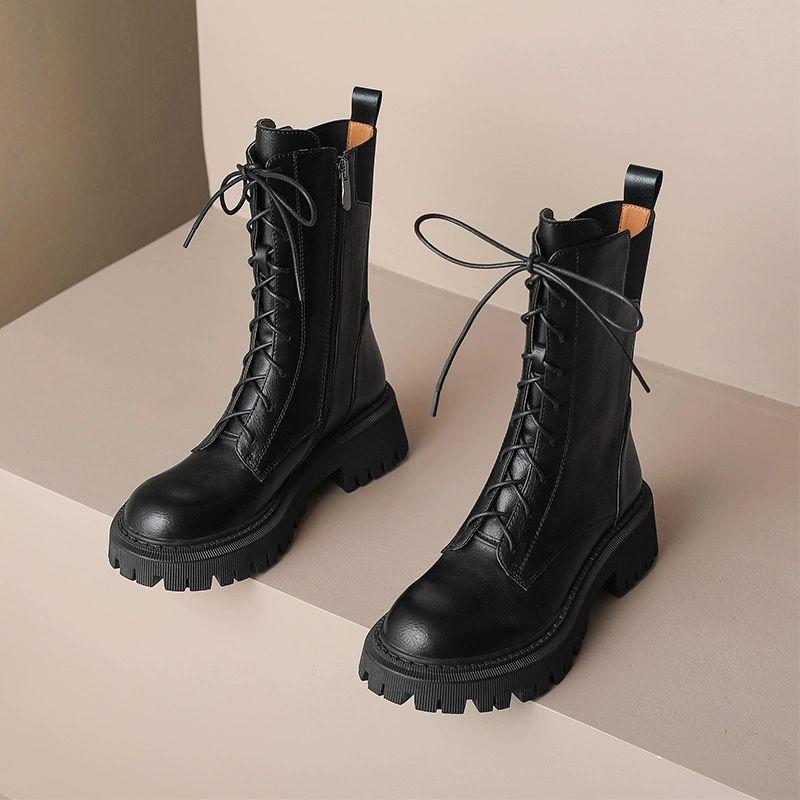 Round Toe Platform with Laces Leather Mid Calf Shoes Woman Autumn Winter Fleece-Lined Gothic New in Half High Boots for Women