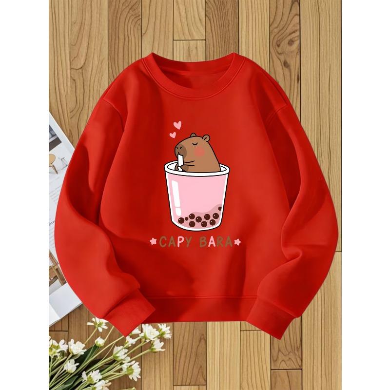 European sizes Capybara Milk Tea Cup Cartoon Print Kids' Round Neck Sweatshirt  Soft Cute Style Perfect Gift for Kids