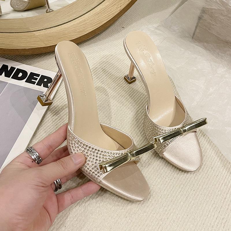 Rhinestone Word with Sandals Women's Summer 2025 New European and American Catwalk High Heels Thin Heel Round Head Bow Cool Slippers