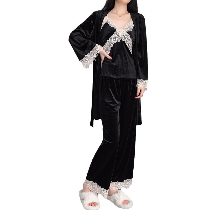 1011 Lace Cardigan Long Sleeve Long Pajama Pants Set Three-piece Golden Velvet Pajamas Women's Home Sweet and Fresh Pajamas