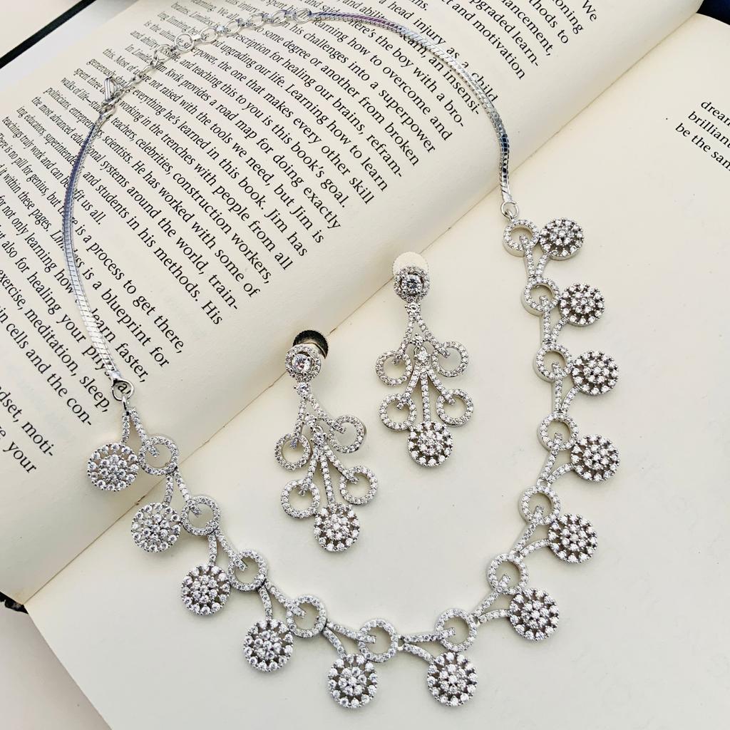 Silver Plated Diamond Round Necklace Set Diamond Necklace Set for Women