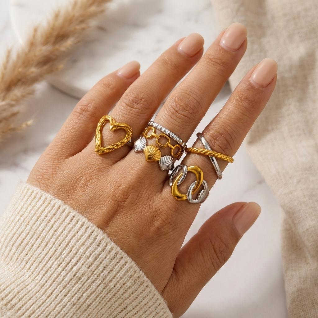 7Pcs Chunky Geometric Heart Shell Ring Set for Women Stainless Steel Dual Tone Stackable Y2K Trendy Statement Knuckle Jewelry