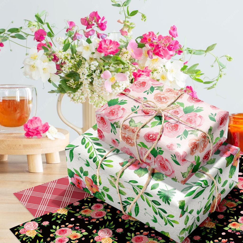 12 Sheets Gift Wrapping Paper Floral Rose Pattern Valentine's Day Bouquet Gift Packaging Paper Birthday Party Decoration Paper