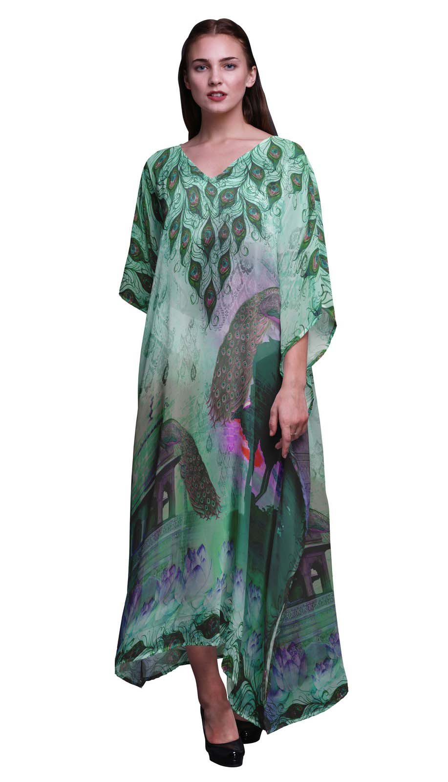 

Phagun Peacock Mughal Womens Long Beach Kaftan Beachwear Bikini Coverup Maxi XL-3X м ята зелений колір