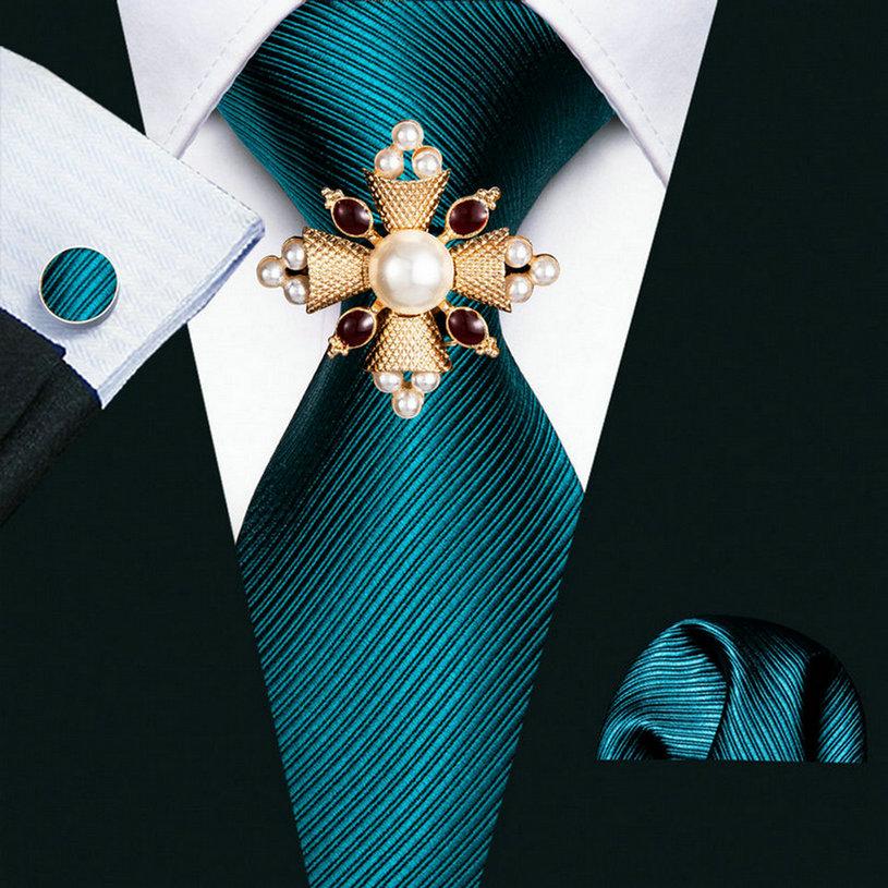 16 Styles Tie with Pearl Brooch for Men Paisley Woven Necktie Hanky Cufflinks Set Wedding Formal