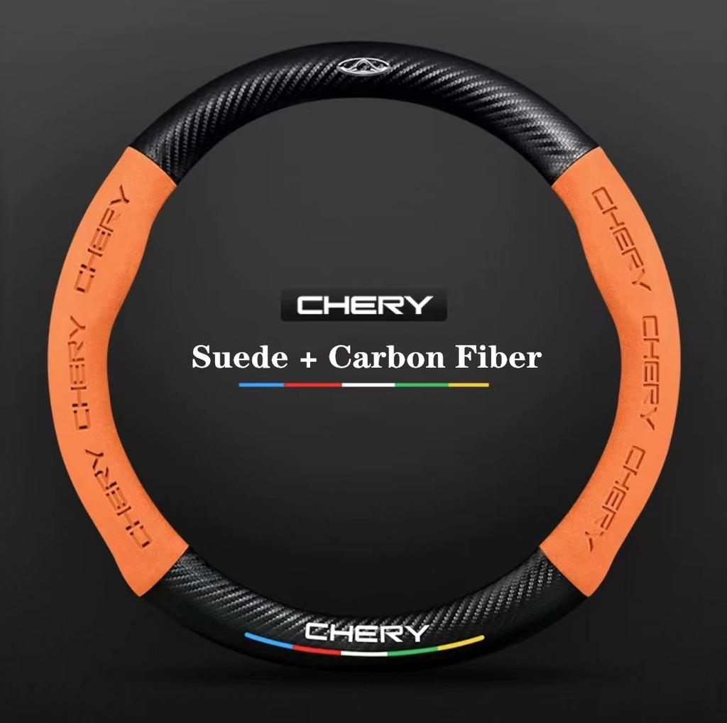 For Chery Tiggo 3 4 5 7 Pro 8 Plus Arrizo 7 GX 5x EQ7 Fulwin 2 Eastar A3 A5 Car 3D Logo Suede Carbon Fiber Steering Wheel Cover