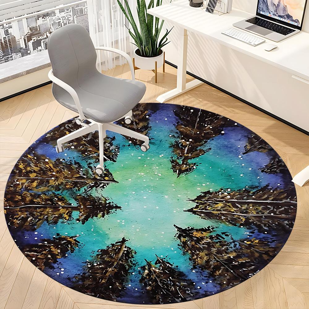 1PC Forest Reflection Aurora Office Round Area Rug, Indoor Mat Suitable For Office, Under Office Chairs Bedroom Living Room Home Decor, Room Deco 052