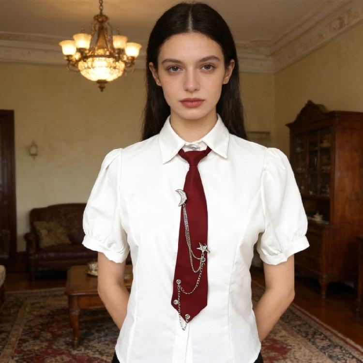 Student Pre Tied Neck Ties Preepy Look Rhinestones Star Metal Chain Dark Tie Cravat Neck Wear Accessories