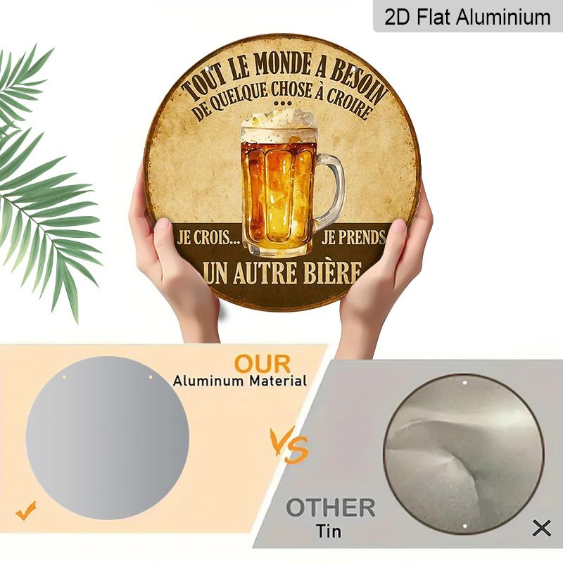 2D Flat, 1pc Round Aluminum French Beer Humor Sign, Vintage "Tout Le Monde A Besoin De Quelque Chose A Croire" Metal Wall Art, Retro Beer Mug Design