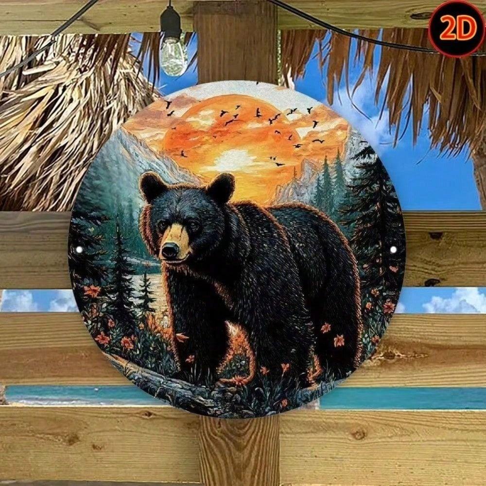 Retro Metal Wall Art Bear Forest Sunset Decor
