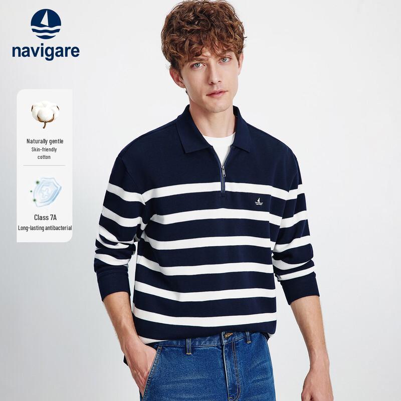 Navigare Men's 2025 Fall Loose Striped Polo Sweatshirt