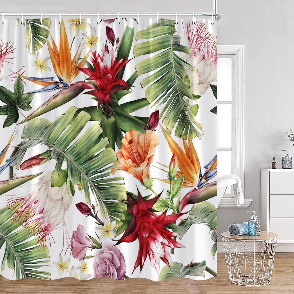 Green Leaves Shower Curtains Monstera Palm Leaf Green Plants Botanical Bathroom Curtain Greenery Bath Deorations with Hooks