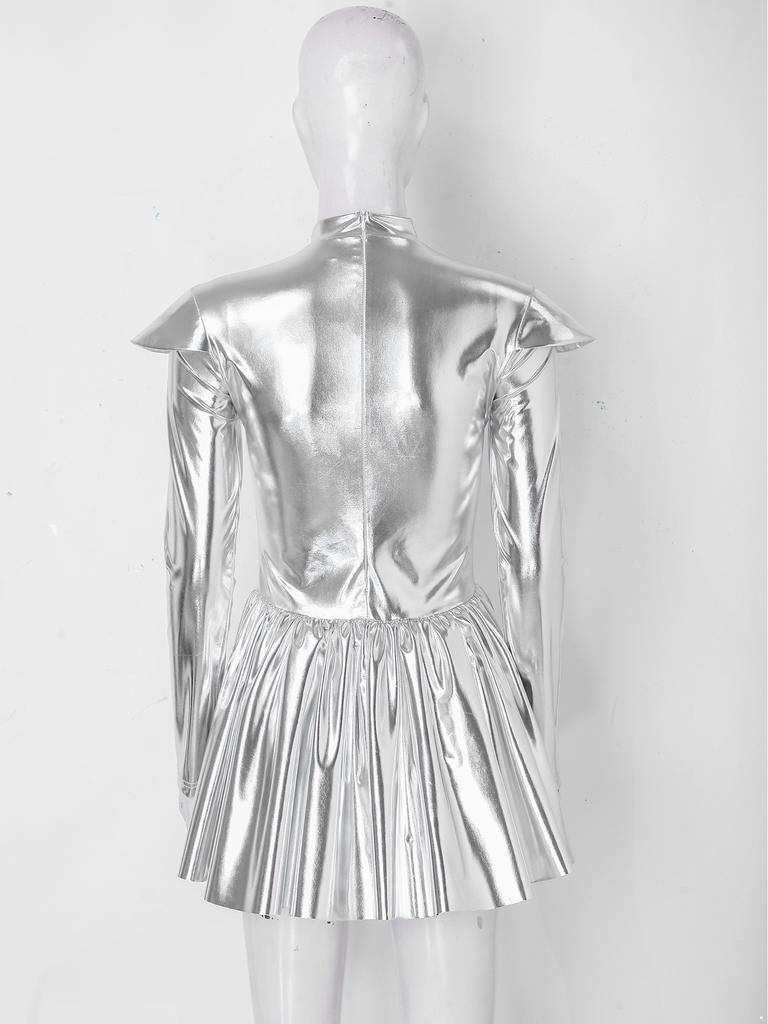 Women Stage Performance Dress Mock Neck Long Sleeve Shoulder Boards Sequin Hearts Metallic Tulle Lining Back Invisible Zipper for Halloween Party
