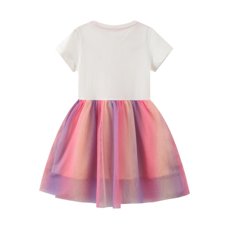 „2024 Neues Sommerkleid für Mädchen mit kurzen Ärmeln und Prinzessinnen-Print aus gestricktem Netzstoff“