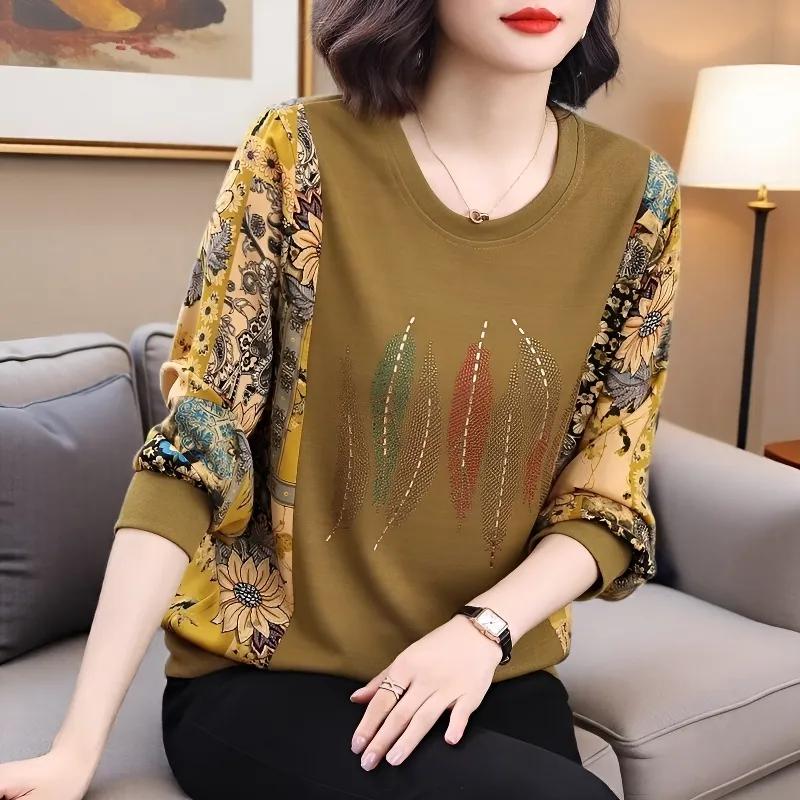 Women S Loose Fit Long Sleeve T Shirt For Middle Aged Mom Rhinestone Print M