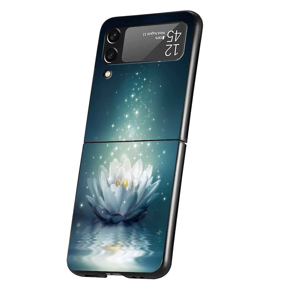 Lotus Blue White Flowers Case Phone Cover for Samsung Galaxy Z Flip 6 5 4 3 5G ZFlip6 ZFlip5 ZFlip4 ZFlip3 Black Hard Trend Fund