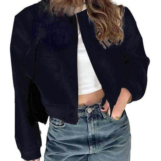 Fall Spring Women Jacket Round Neck Solid Color Long Sleeve Single-breasted Loose Cardigan Buttons Pockets Elastic Cuff Lady Coat