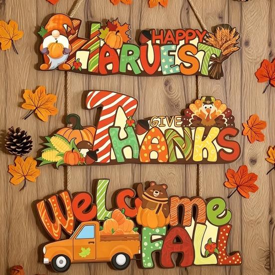 Yousheng Thanksgiving Welcome Sign Rustic Harvest Wooden Door Hanger Sign Gnome Turkey Pumpkin Truck Decorative Wall Plaque for Farmhouse Porch Wall
